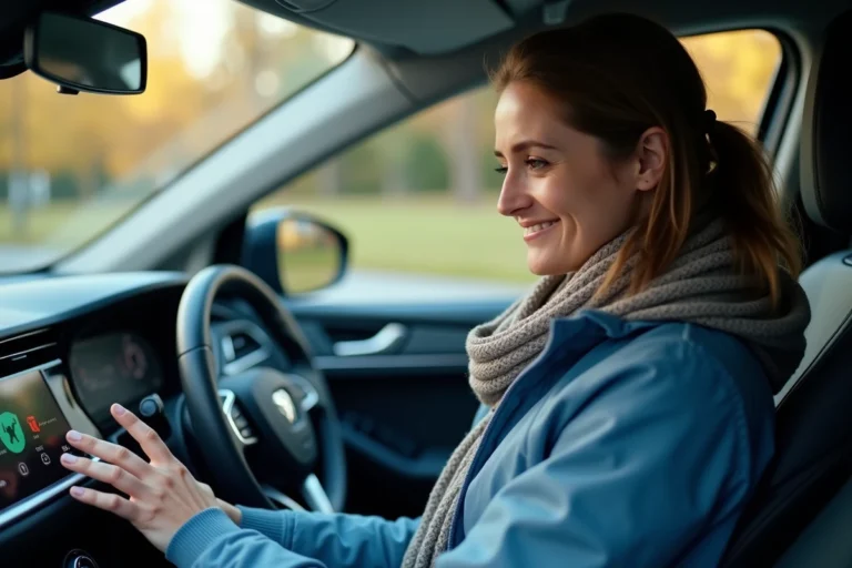 Femme souriante utilisant l'écran tactile dans une voiture moderne
