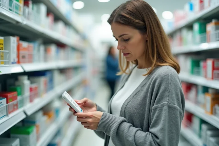 Femme d'âge moyen lisant attentivement la notice d'un médicament en vente libre dans une pharmacie moderne