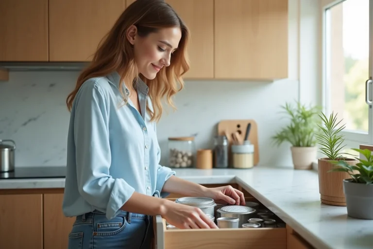 Femme organisant tiroir de cuisine moderne avec satisfaction