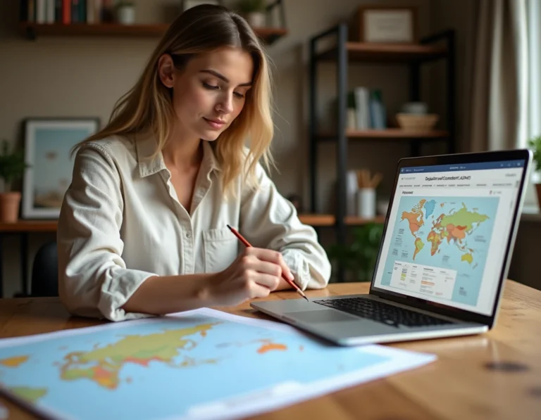 Femme organisant son voyage avec un plan de site et une carte d'itinéraire sur un bureau en bois