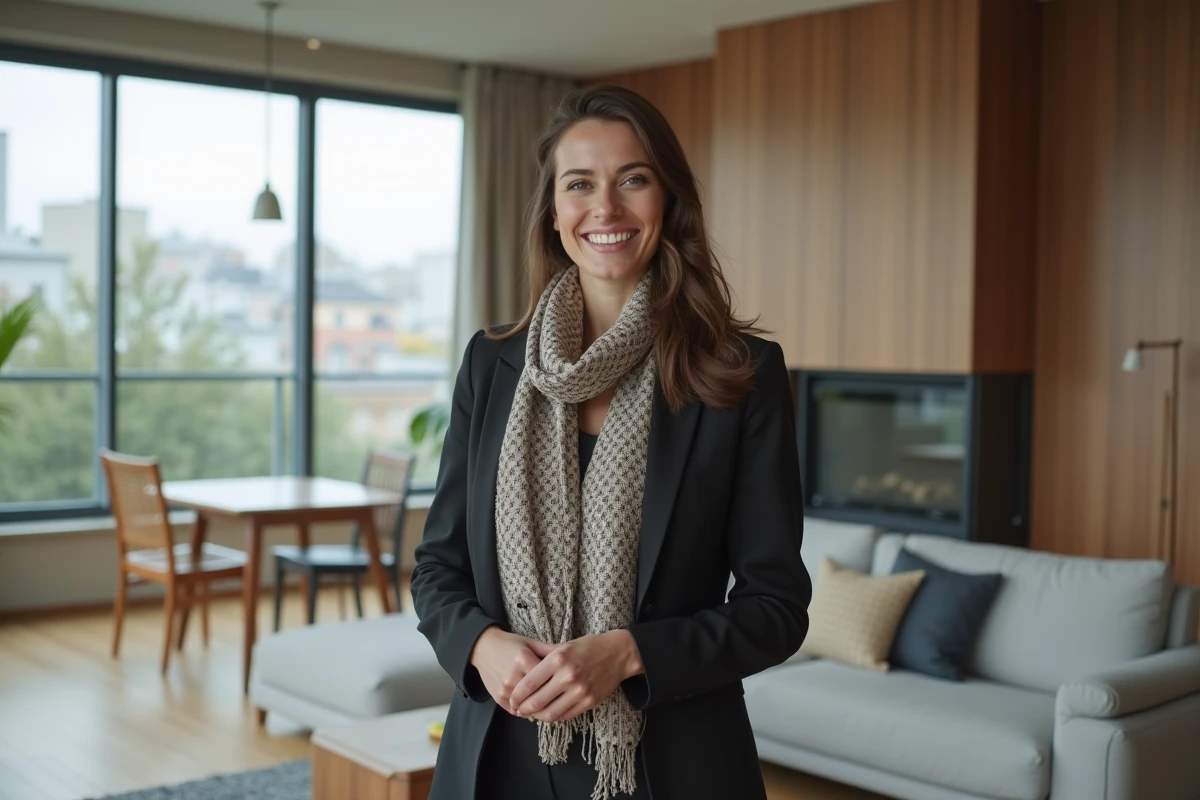 Femme professionnelle souriante dans un appartement moderne