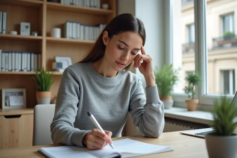 Femme en sweater gris remplissant un questionnaire à Paris