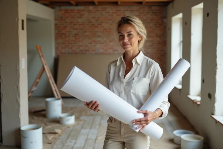 Femme consultant des plans de rénovation dans un salon en travaux, entourée d'outils et de matériaux de construction