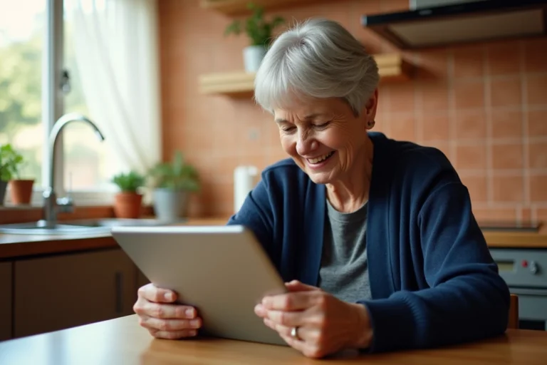 Femme senior souriante consultant une tablette numérique dans sa cuisine, illustrant les tendances technologiques pour les seniors