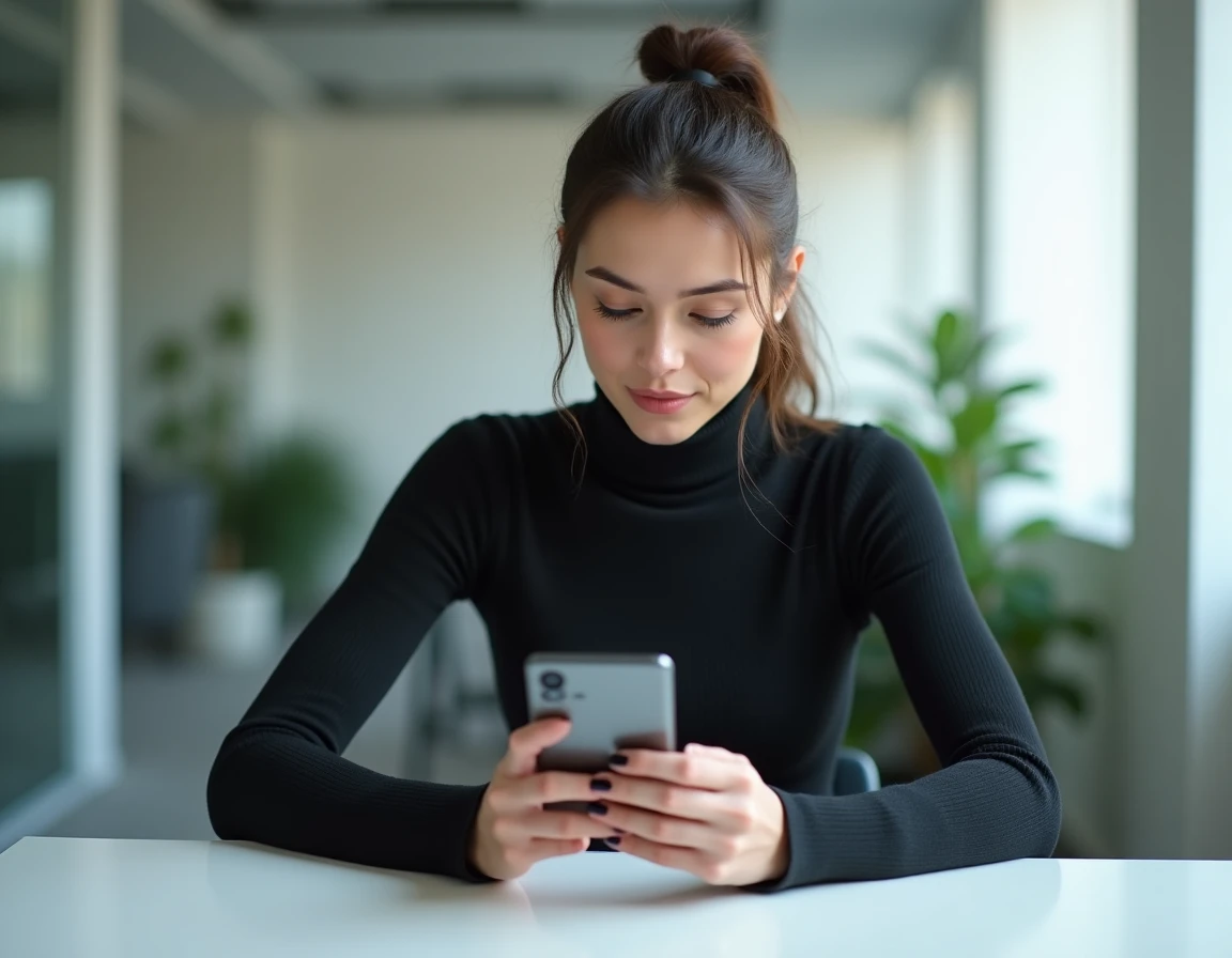 Femme consultant les dernières tendances high-tech sur un smartphone pliable dans un bureau moderne