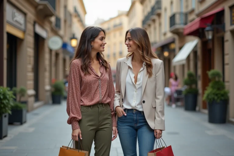 Deux femmes souriantes dans une rue urbaine européenne