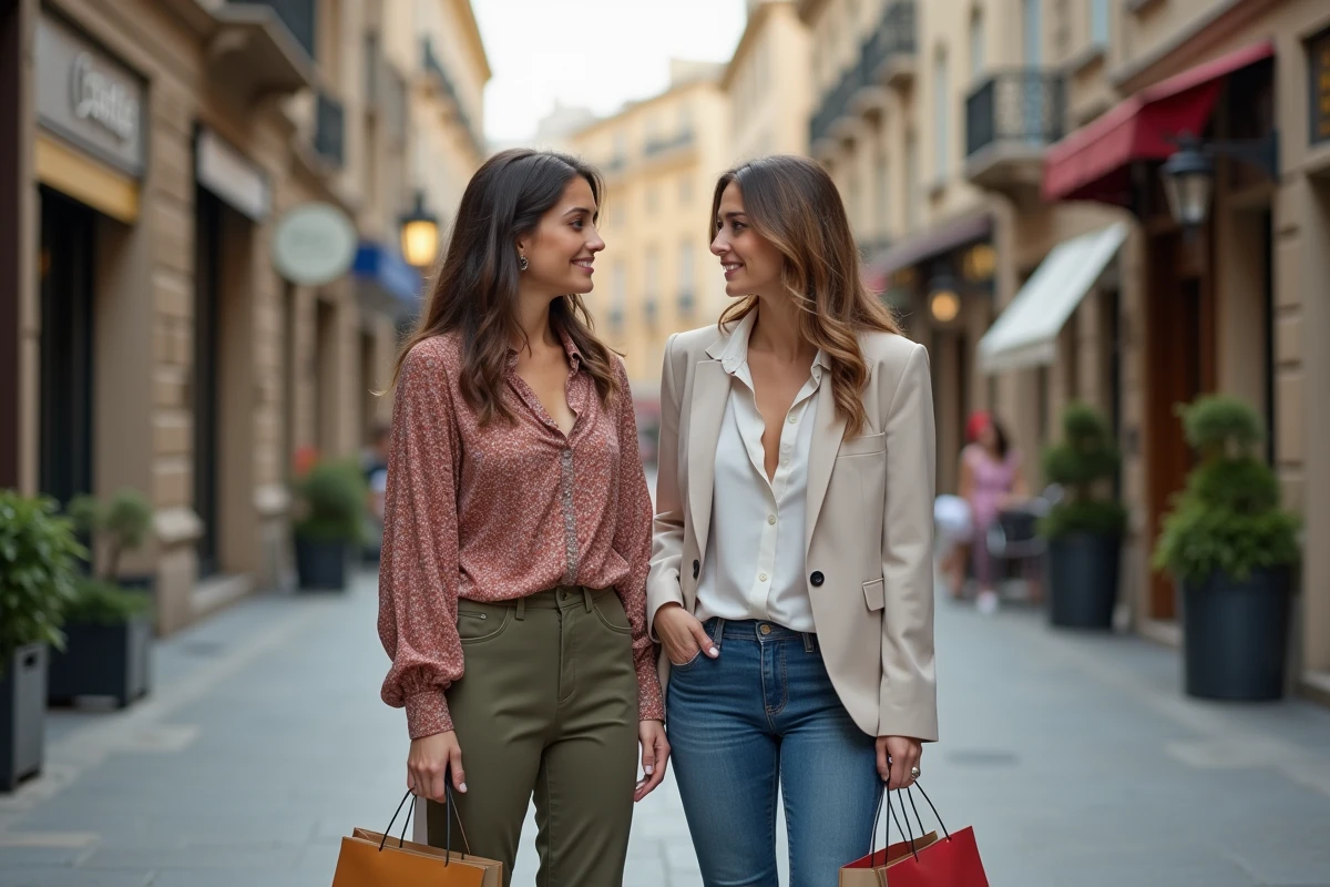 Deux femmes souriantes dans une rue urbaine européenne
