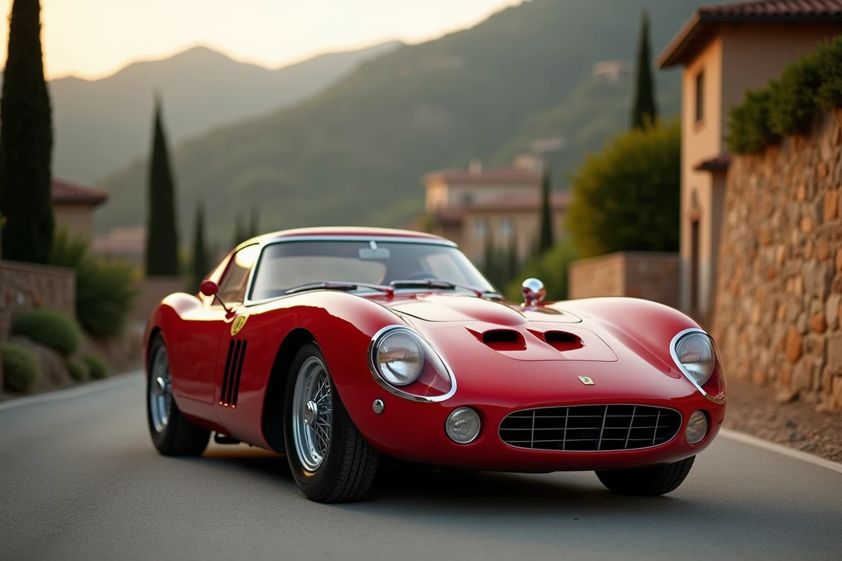 Ferrari 250 GTO rouge Rosso Corsa sur une route de montagne italienne avec des cyprès en arrière-plan flou