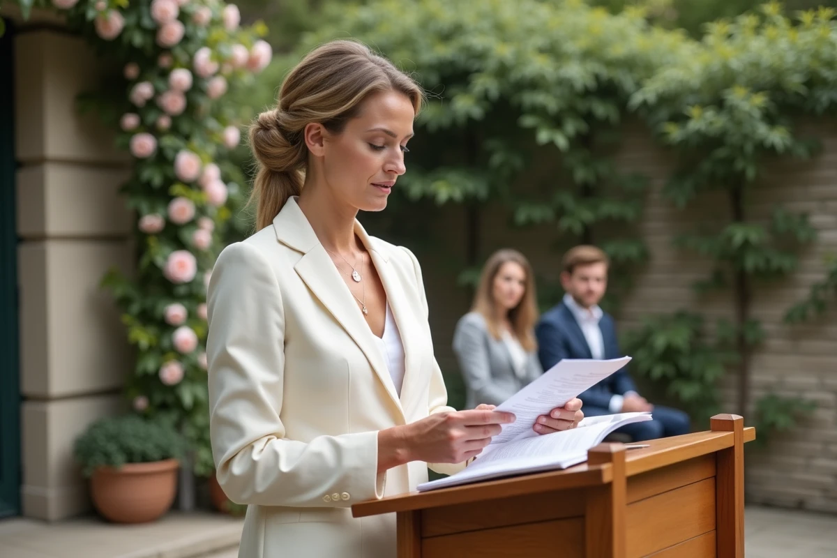 Officiant de cérémonie laïque lisant un fil conducteur écrit sur un script annoté à la main, debout sous une arche fleurie lors d'un mariage en extérieur
