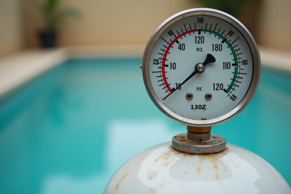 Gros plan sur le manomètre d'un filtre à sable de piscine indiquant une pression normale