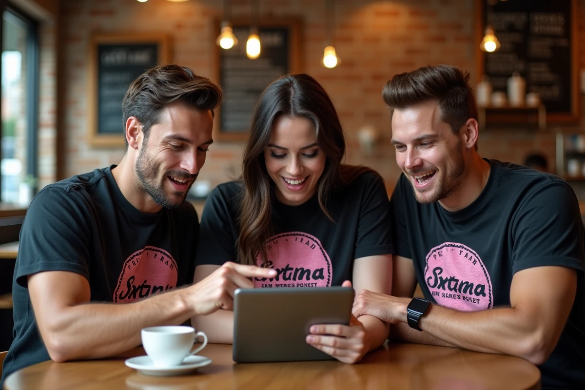Groupe de fans geeks réagissant à des leaks et anecdotes insolites sur une tablette dans un café urbain
