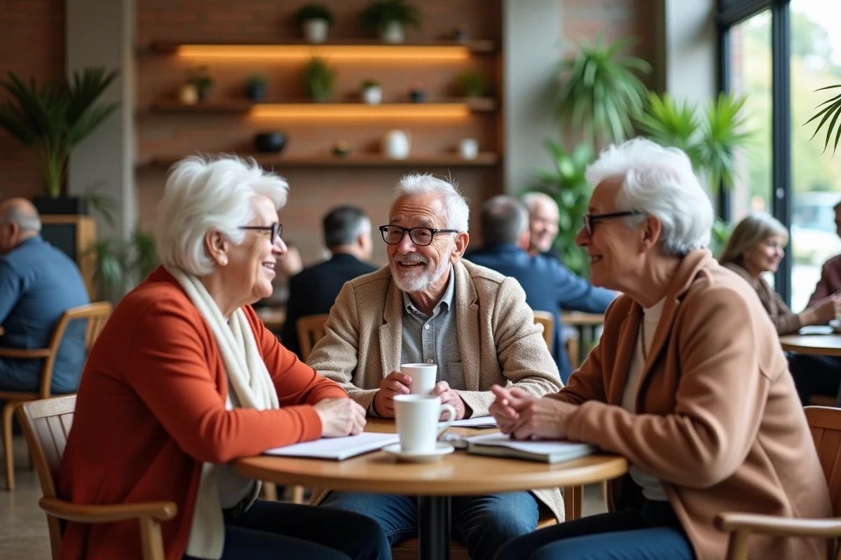 Groupe de seniors en conversation animée dans un café moderne, représentant le lien social et les nouvelles tendances de vie pour les personnes âgées