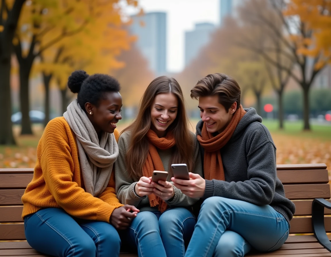 Groupe de jeunes adultes découvrant des tendances sur un smartphone dans un parc urbain en automne