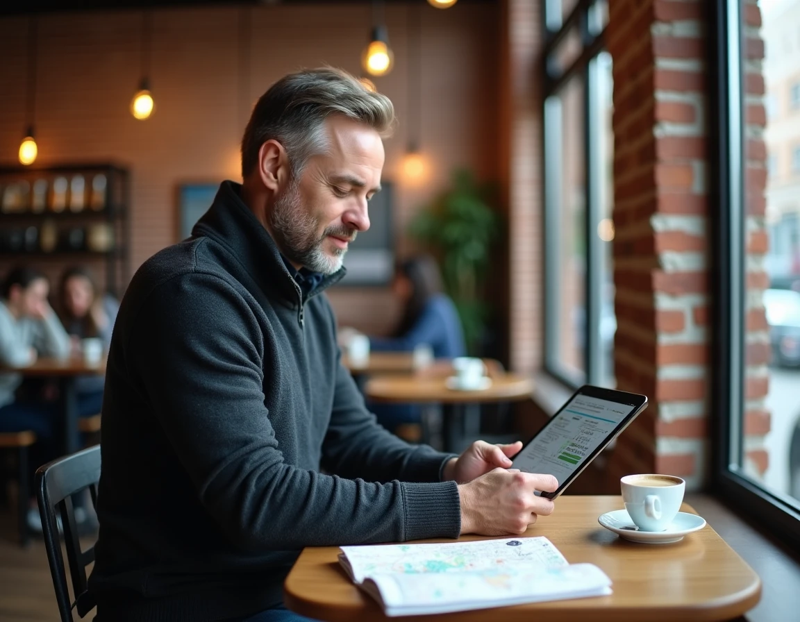Homme consultant un plan de site de voyage sur tablette dans un café urbain moderne