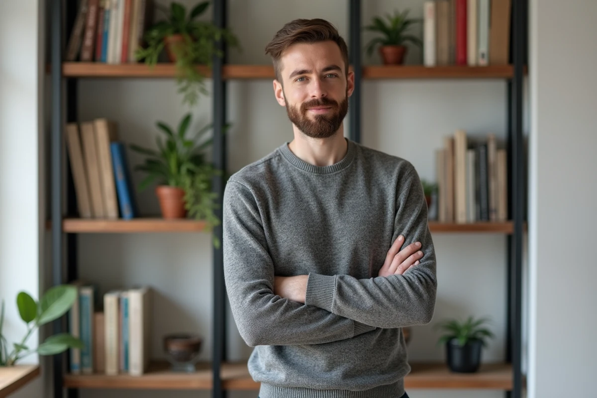 Homme élégant à la barbe courte devant une bibliothèque moderne dans un bureau contemporain