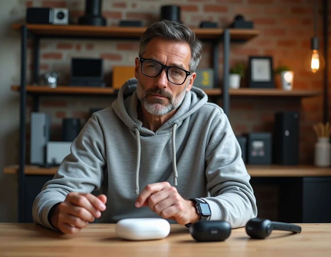 Homme testant des gadgets high-tech récents dont une montre connectée et des écouteurs sans fil dans un home studio