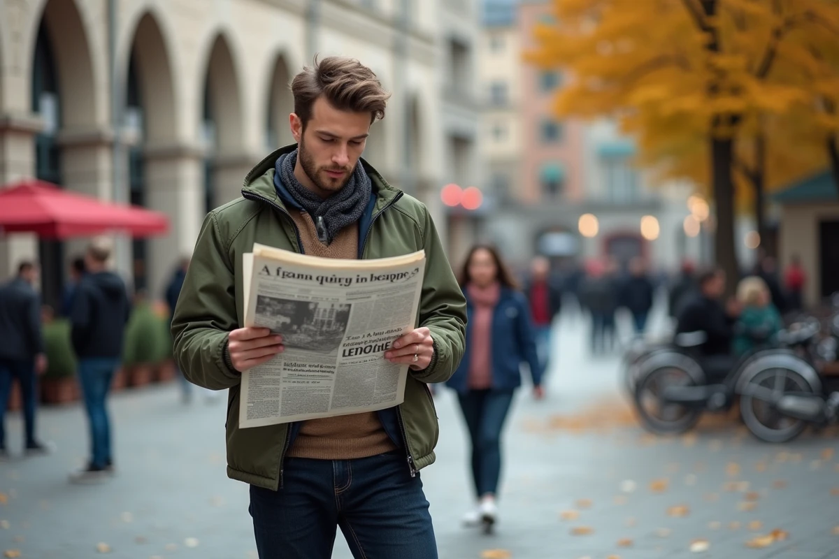 Jeune homme lisant un journal en plein air dans une place urbaine animée avec les dernières informations locales