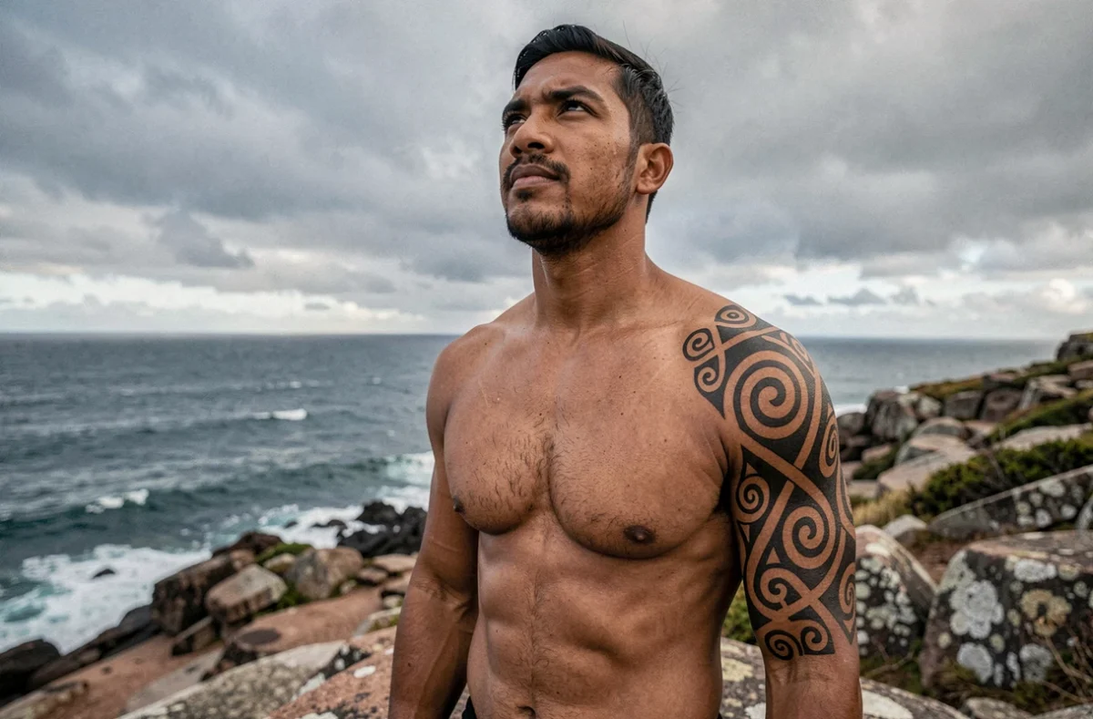 Jeune homme maori avec un tatouage traditionnel sur l'épaule debout sur un promontoire rocheux face à l'océan Pacifique