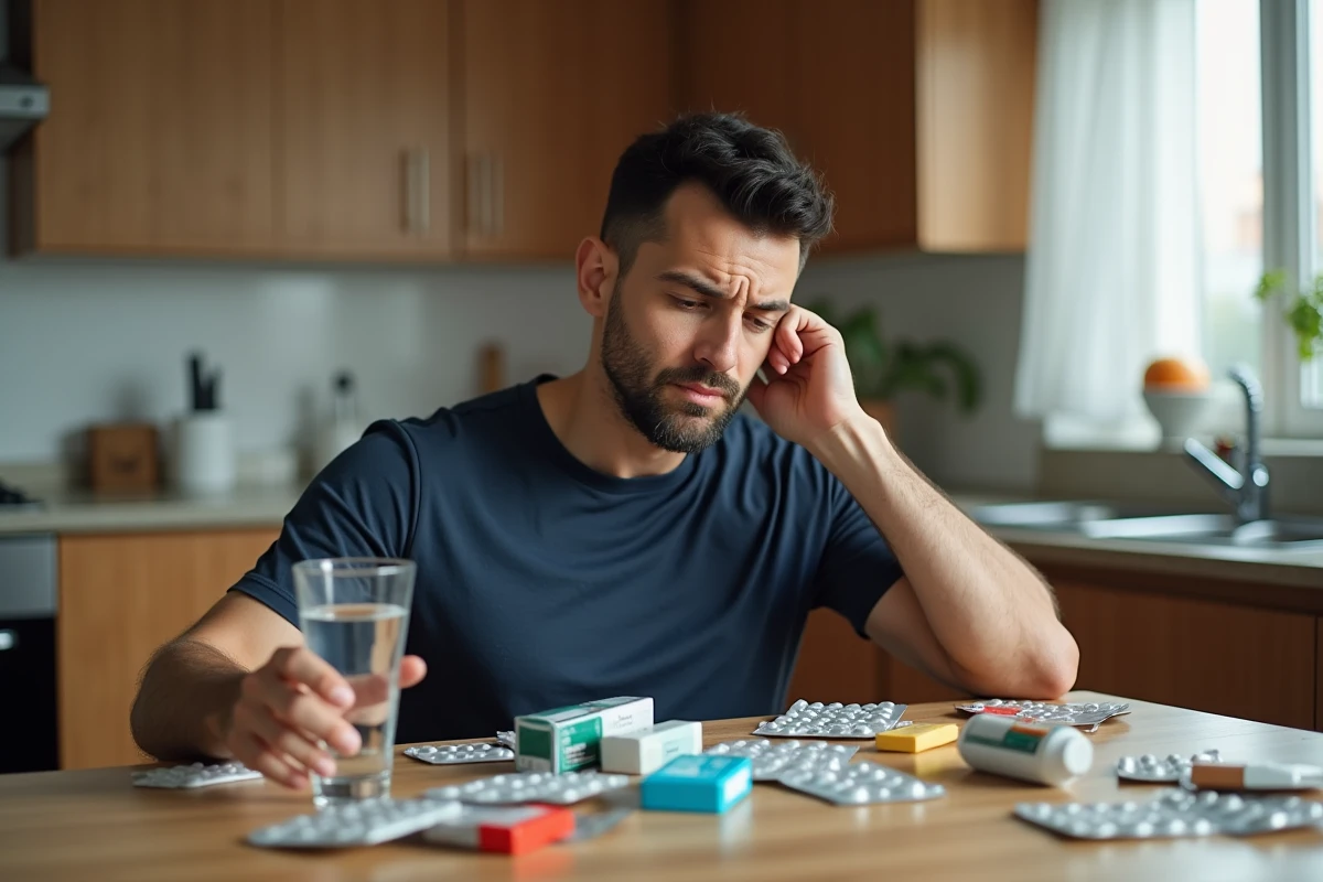 Homme confus face à plusieurs boîtes de médicaments sans ordonnance étalées sur une table de cuisine