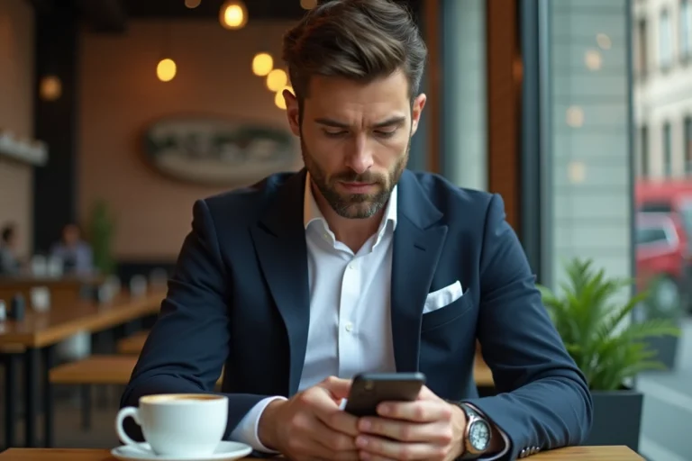 Homme moderne en blazer marine consultant son smartphone dans un café urbain tendance