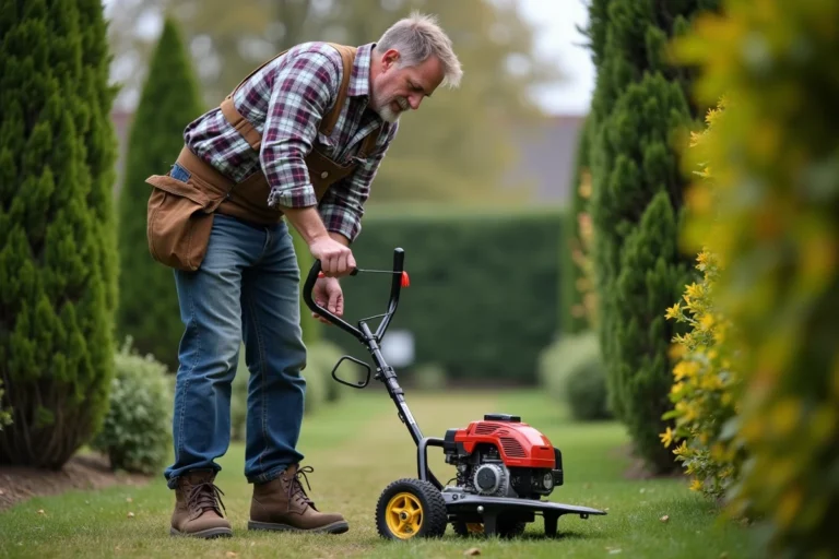 Homme d'âge moyen examinant un moteur de coupe-brush thermique dans le jardin