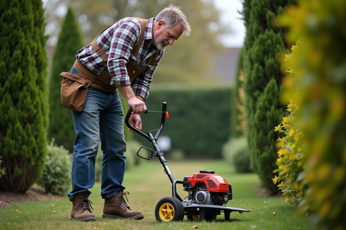 Homme d'âge moyen examinant un moteur de coupe-brush thermique dans le jardin
