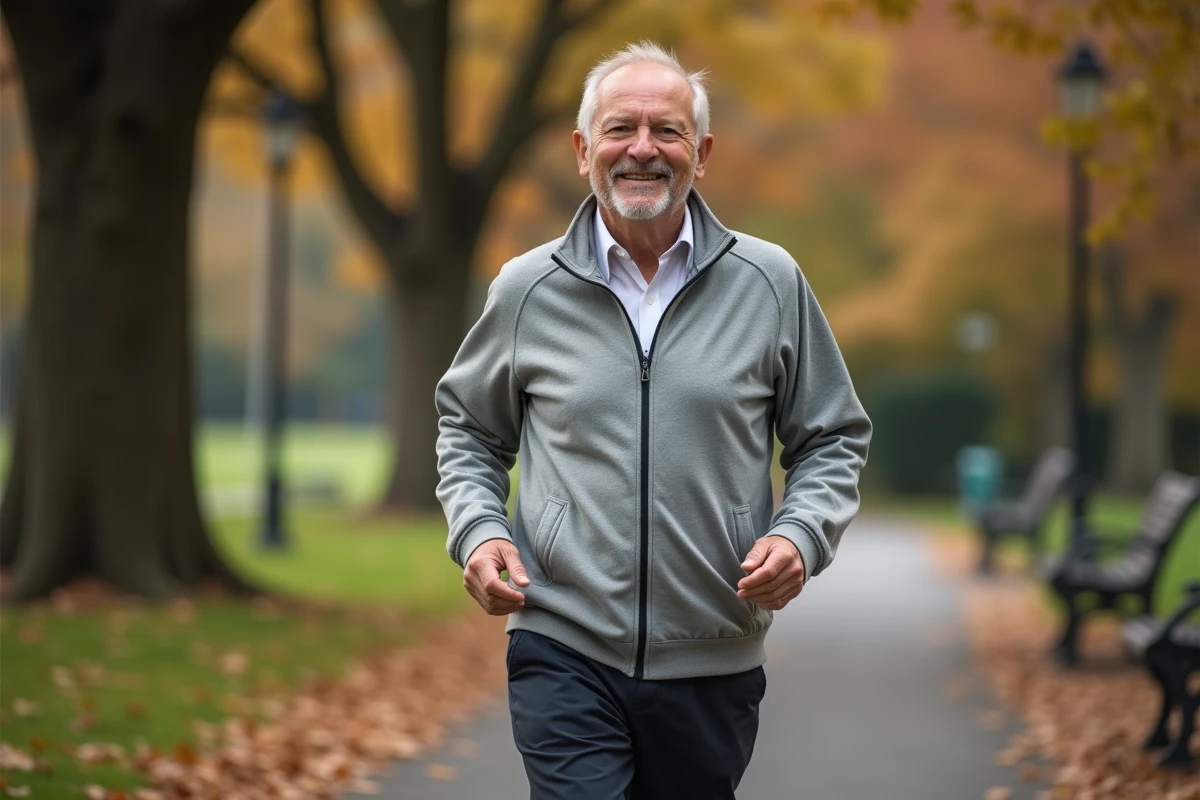 Homme senior actif marchant dans un parc en automne, symbolisant le bien-être et la santé des personnes âgées