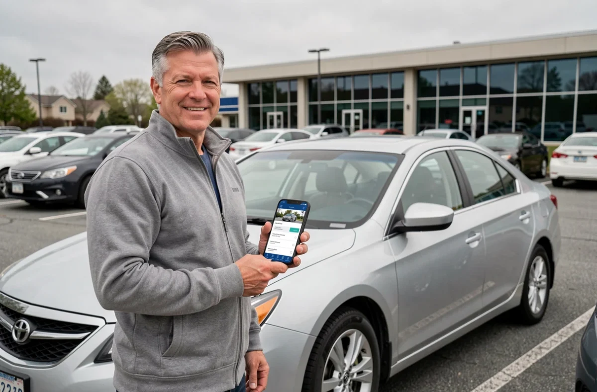 Homme debout près de sa voiture consultant une application de comparaison d'assurance auto sur son téléphone