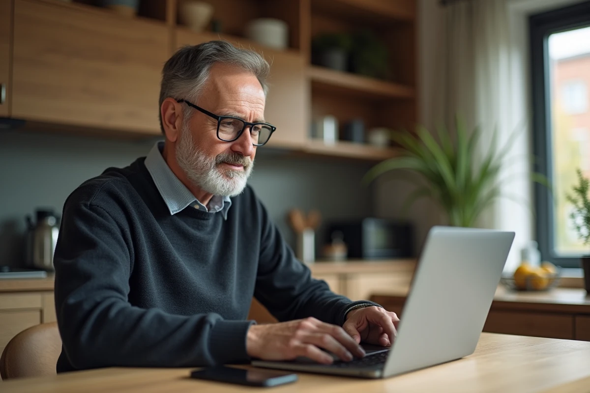 Homme concentré utilisant un ordinateur dans une cuisine chaleureuse