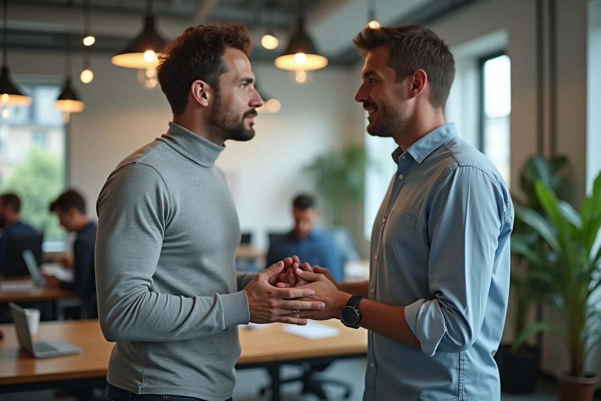Deux hommes professionnels en discussion dans un espace de travail moderne et collaboratif