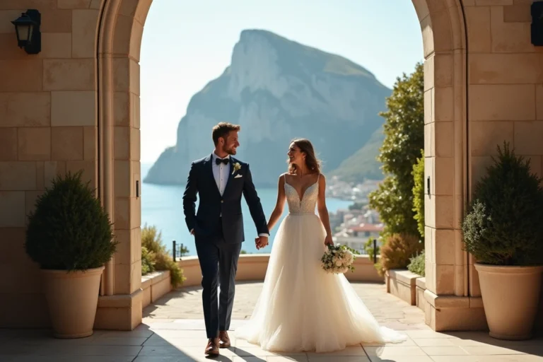Jeune couple marié devant les portes de Gibraltar
