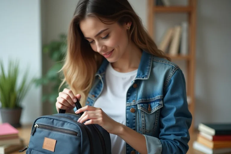 Jeune femme en denim examine un sac à dos de près