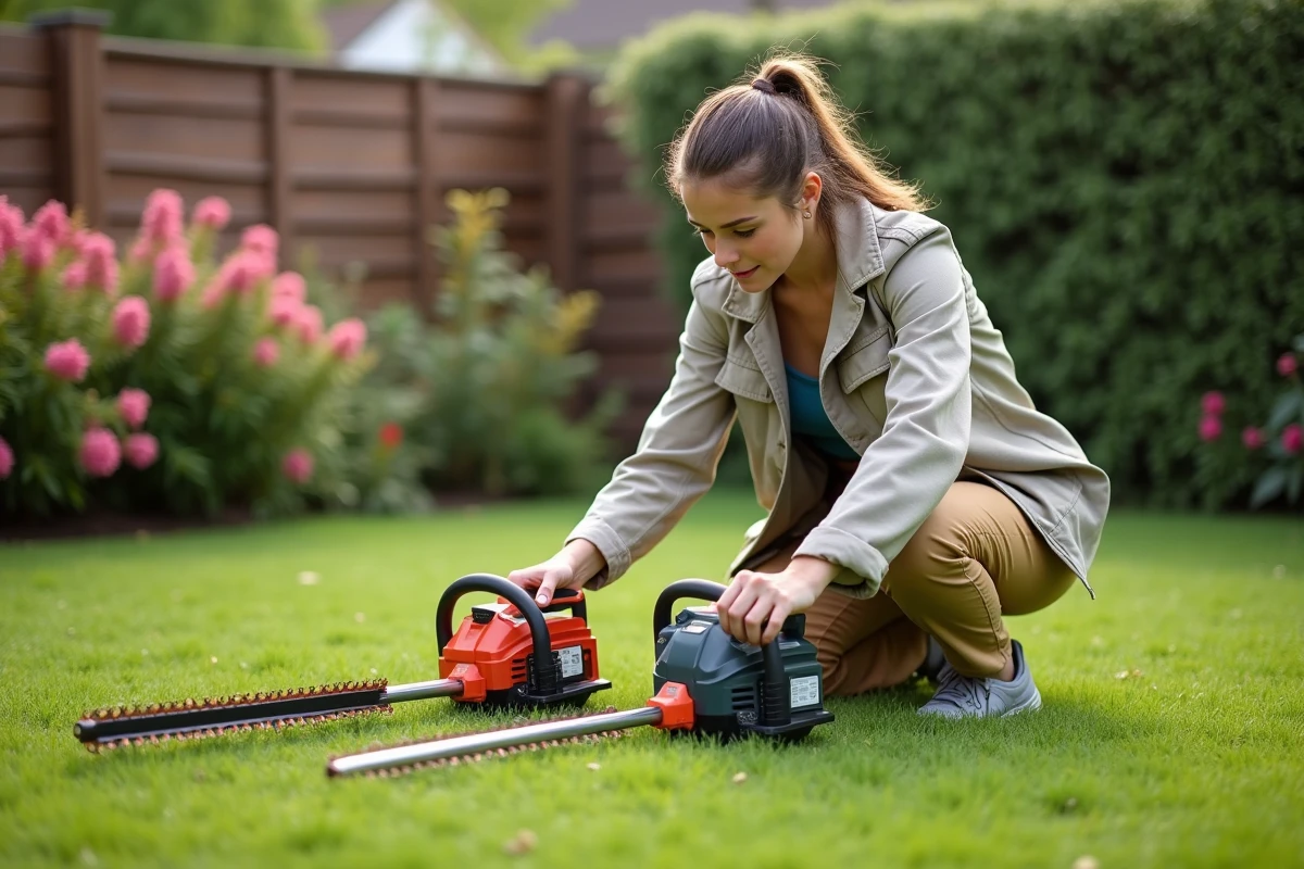 Jeune femme comparant deux coupe-brush dans le jardin