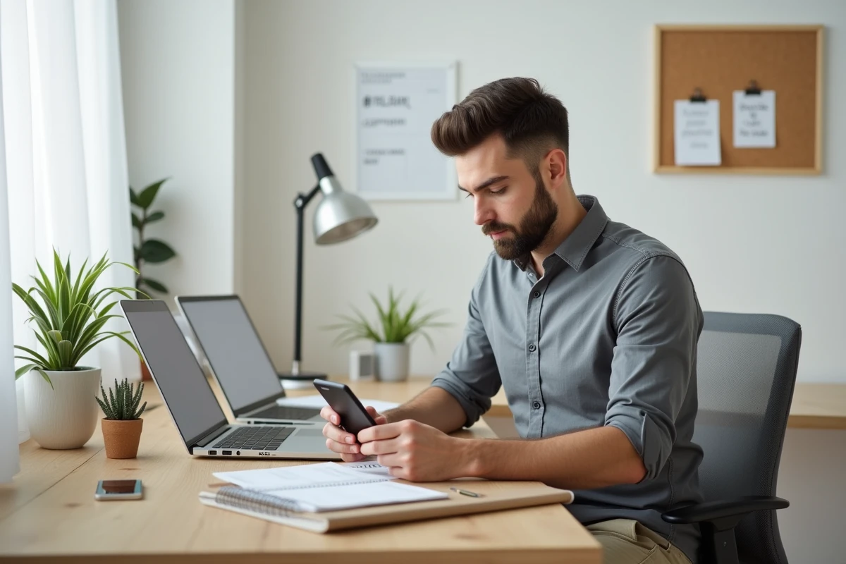 Jeune homme utilisant planner dans espace de travail minimaliste