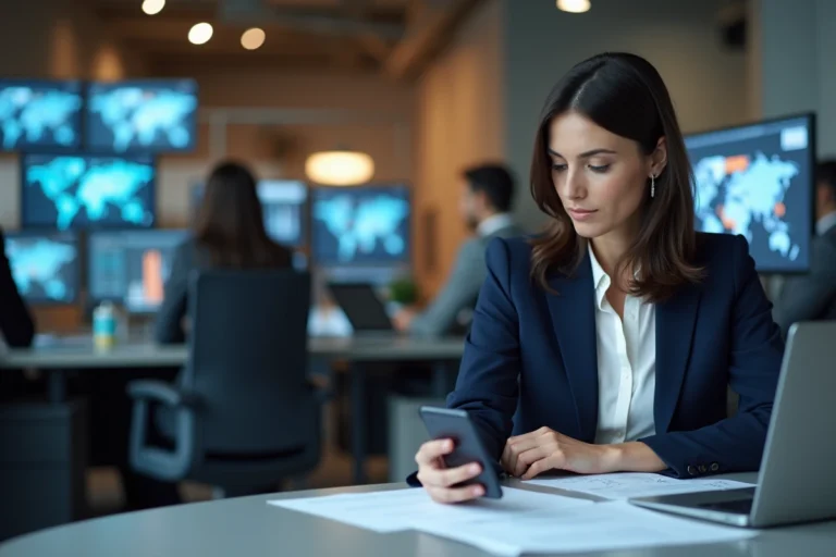 Journaliste femme dans une salle de rédaction moderne consultant les dernières actualités sur ordinateur et smartphone