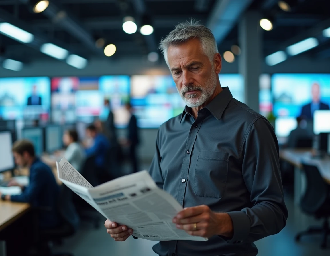 Journaliste professionnel lisant un journal dans une salle de rédaction animée