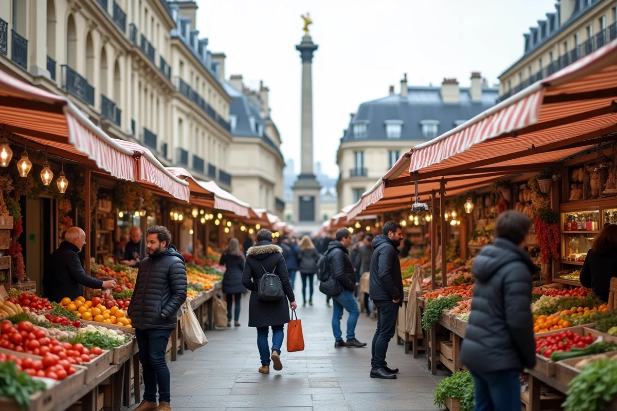 Marché en plein air animé à Paris avec des vendeurs et des habitants découvrant les dernières tendances locales