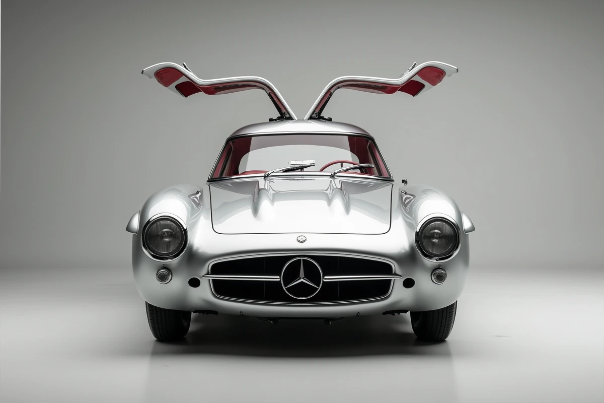 Mercedes-Benz 300 SLR Uhlenhaut Coupé de 1955 en argent avec ses portes papillon entrouvertes dans un cadre neutre