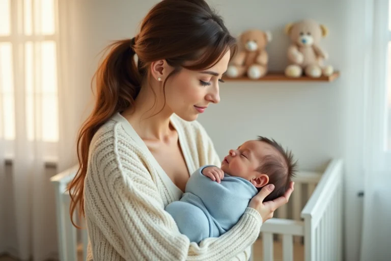 Jeune mère tenant tendrement son nouveau-né dans une chambre de bébé décorée de tons pastel