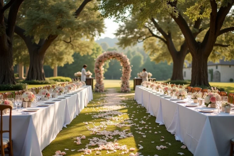 Scène panoramique d'un mariage en plein air dans un domaine de campagne française, avec tables dressées, arche florale et coordinatrice de mariage supervisant les préparatifs