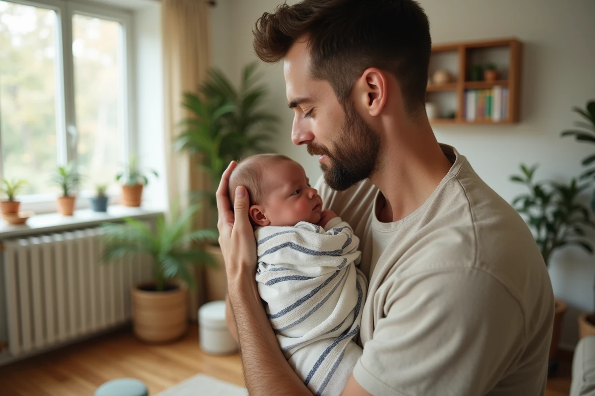 Père tenant tendrement son bébé dans un salon lumineux