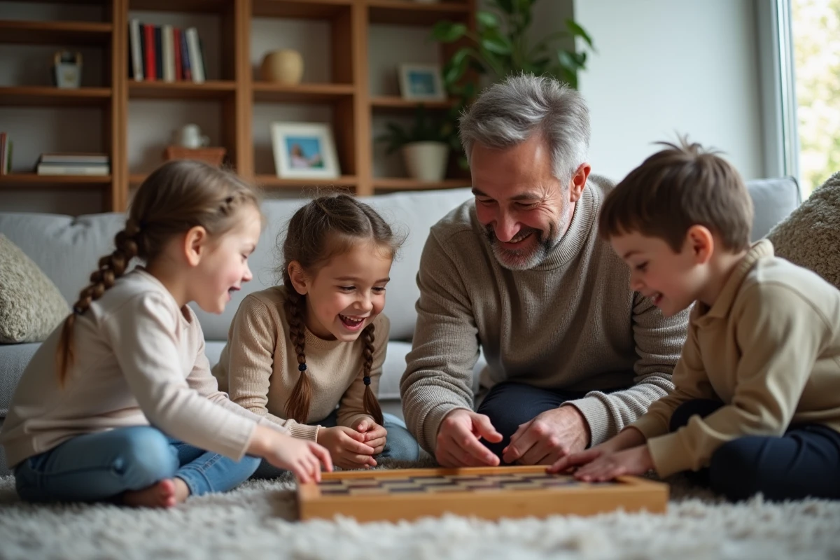 Père jouant à un jeu de société avec ses enfants dans le salon