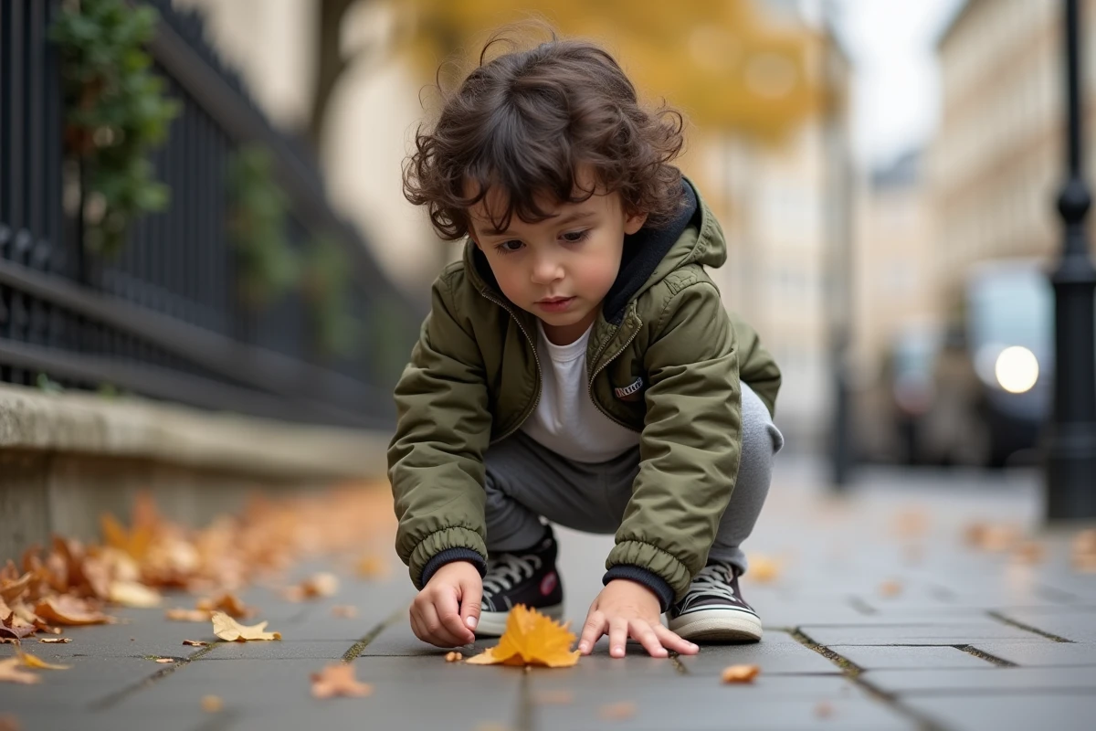 Petit garçon aux cheveux bouclés examinant une feuille d'automne dans une rue parisienne