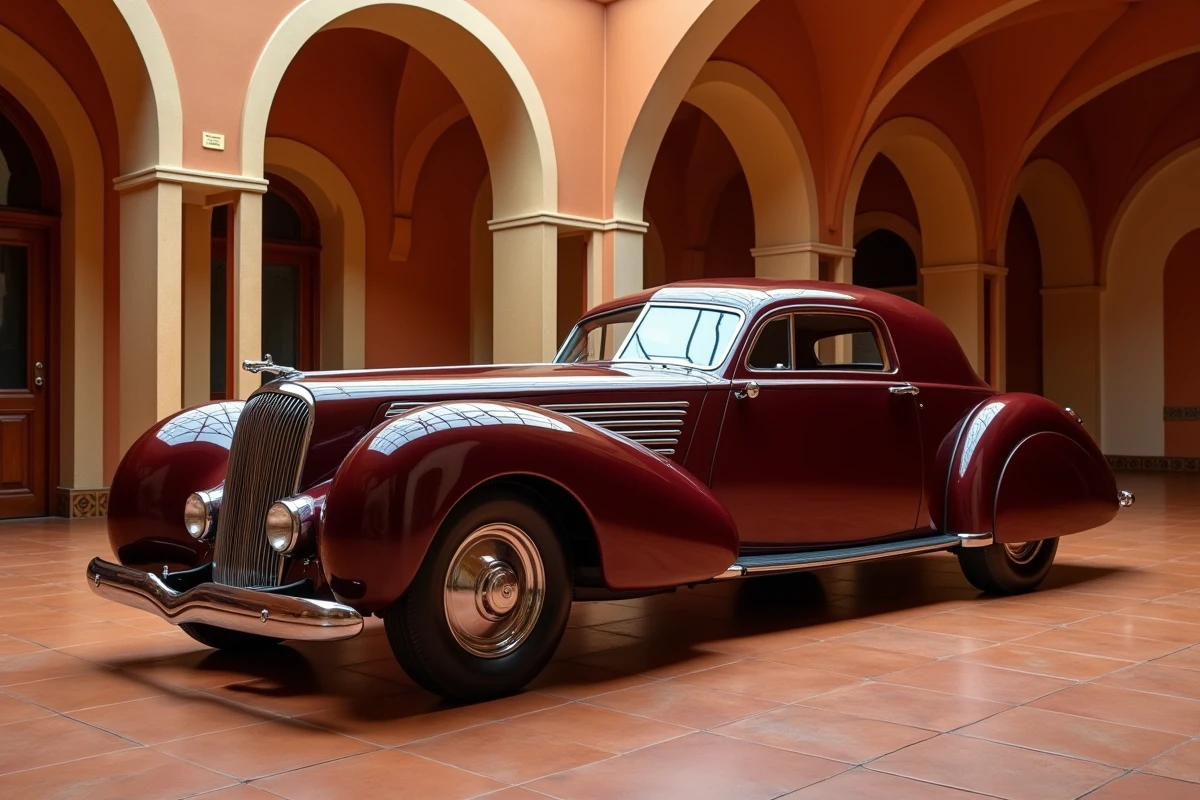Phantom Corsair 1938 bordeaux avec sa carrosserie aérodynamique futuriste exposé dans une salle art déco américaine