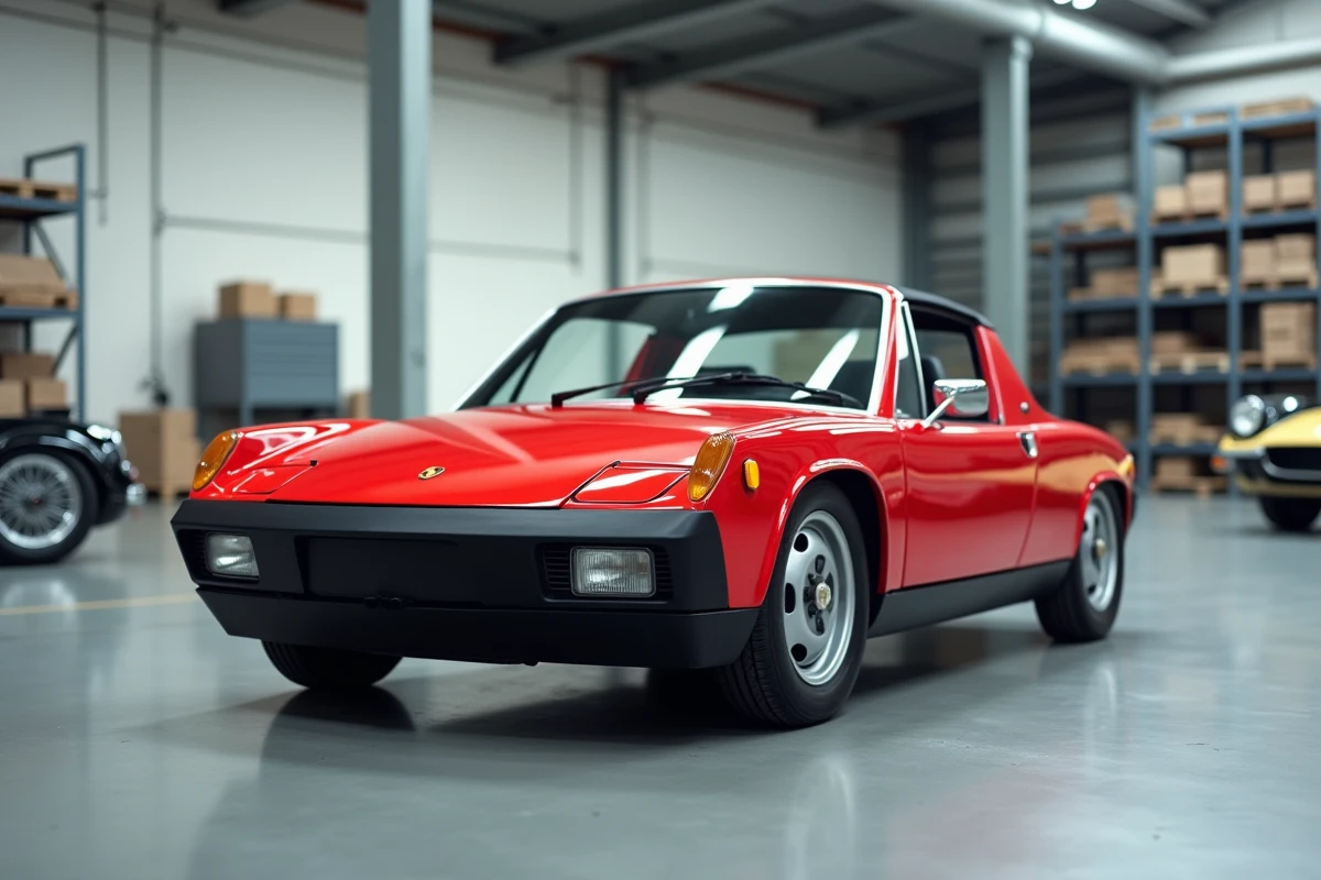 Porsche 916 rouge prototype de 1972 sur béton poli dans un espace d'archive automobile minimaliste