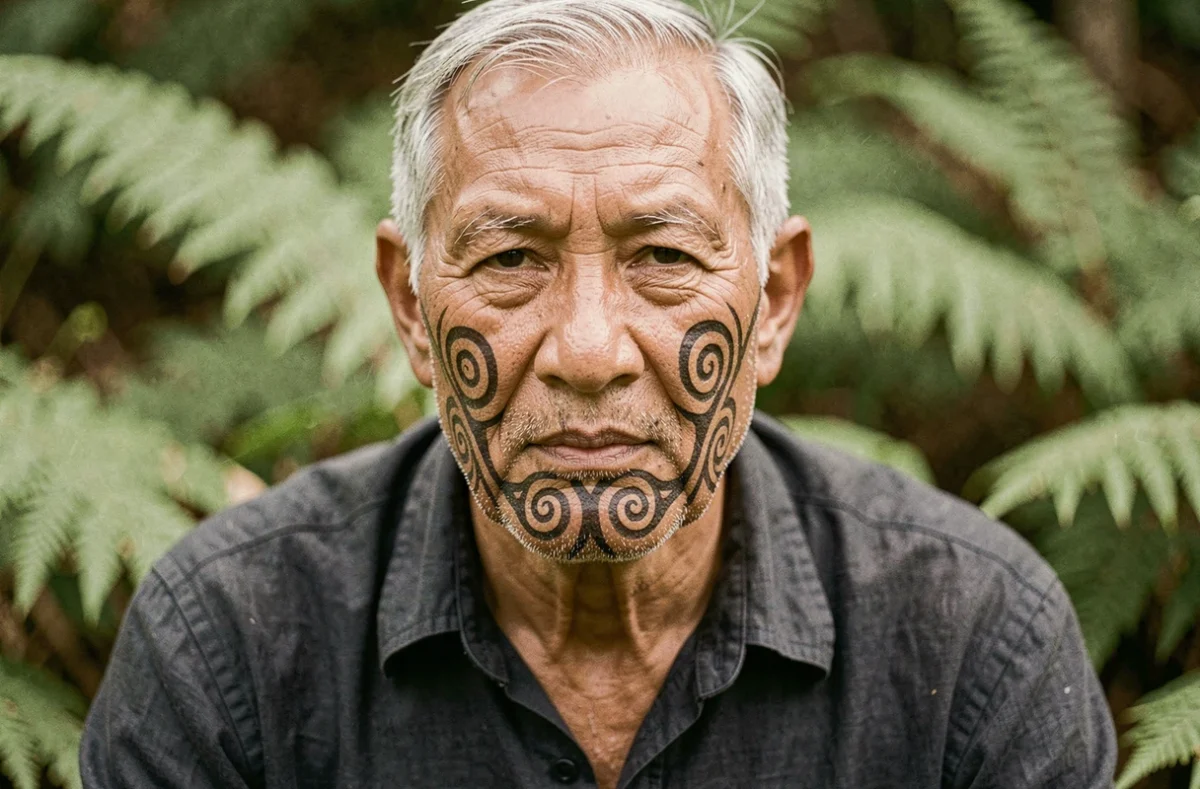 Portrait rapproché d'un ancien maori avec un tā moko traditionnel sur le visage, entouré de fougères néo-zélandaises