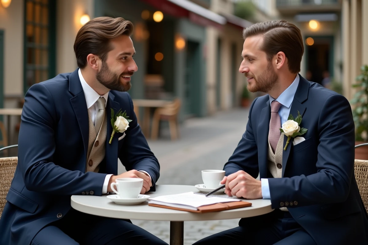 Deux témoins de mariage en costume marine préparent leur discours ensemble autour d'un café, avec notes manuscrites et document structuré sur la table