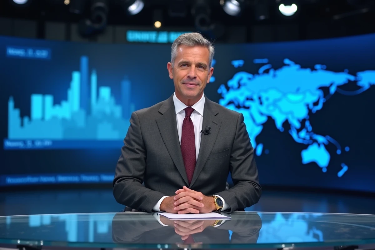 Présentateur de journal télévisé masculin dans un studio de télévision diffusant les informations nationales