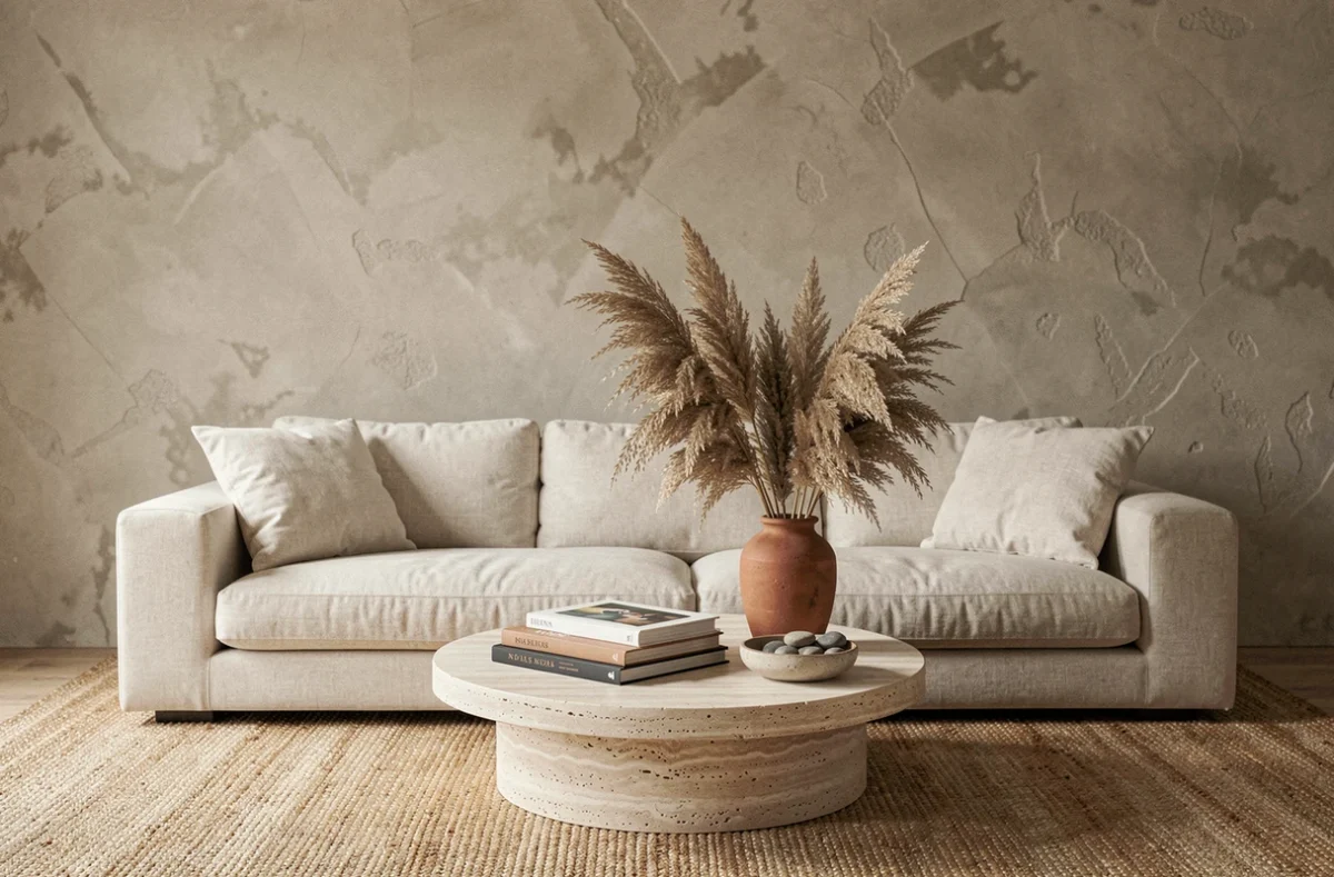 Salon scandinave moderne avec canapé en lin crème, table basse en travertin et herbes de pampa séchées, tendance déco 2024