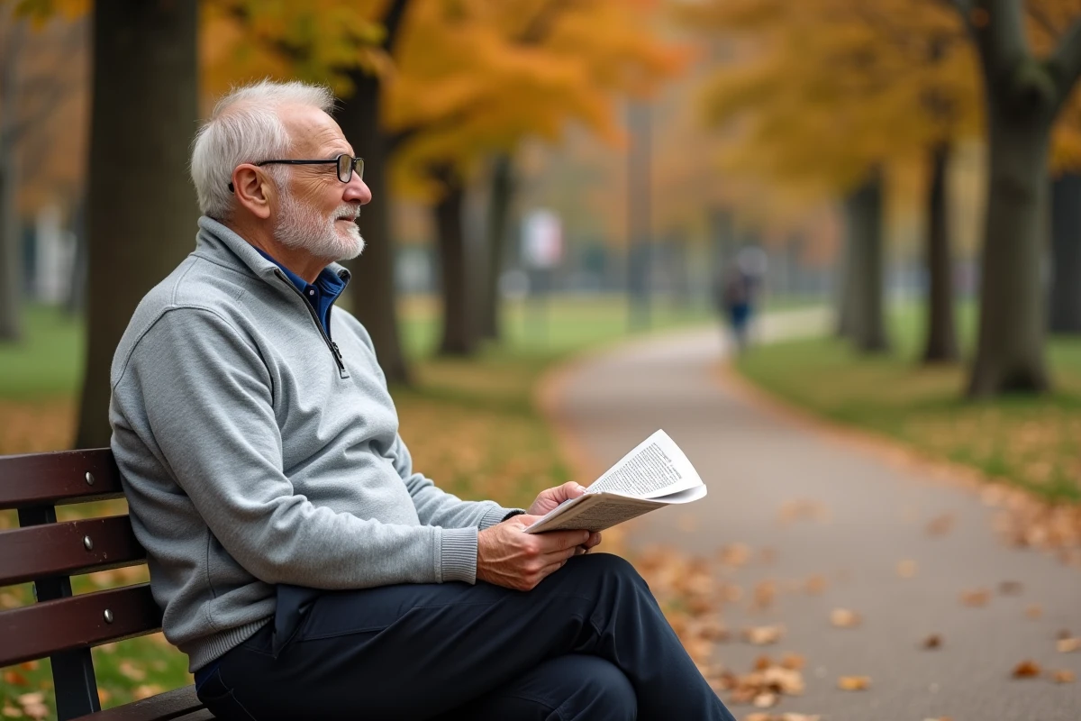 Senior contemplatif assis sur un banc dans un parc en automne tenant un journal